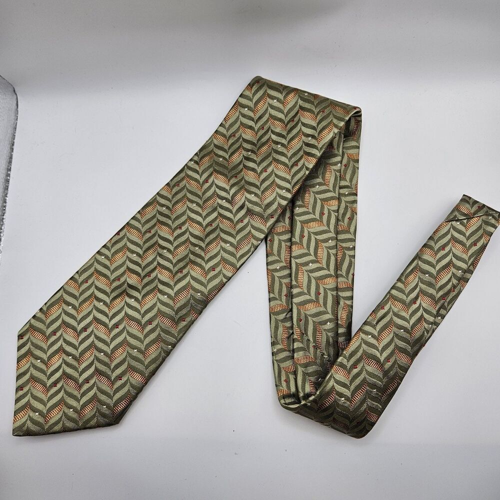 Joseph A Bank Orange‎ Green Chevron Geometric Silk Tie Party Wedding 59.5x3 7/8"